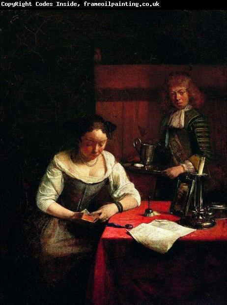 Gerard ter Borch the Younger Woman reading and a young man holding a tray.